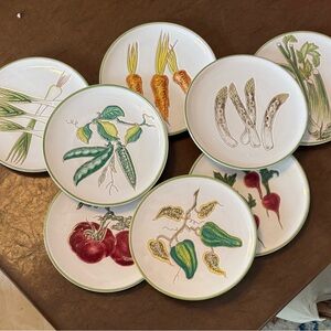 Vintage Majolica Lunch Plates Incised & Hand painted Vegetables Set Of 8